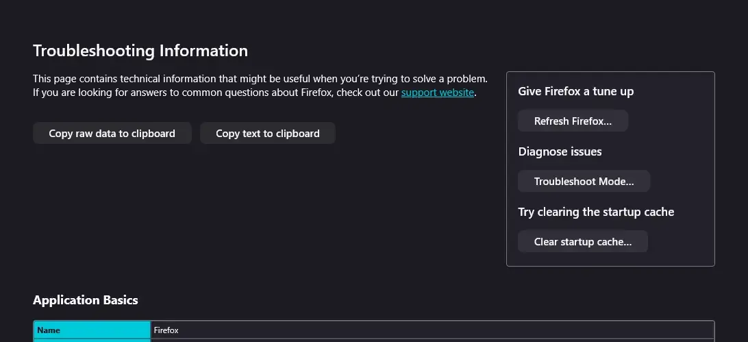 about:support screenshot